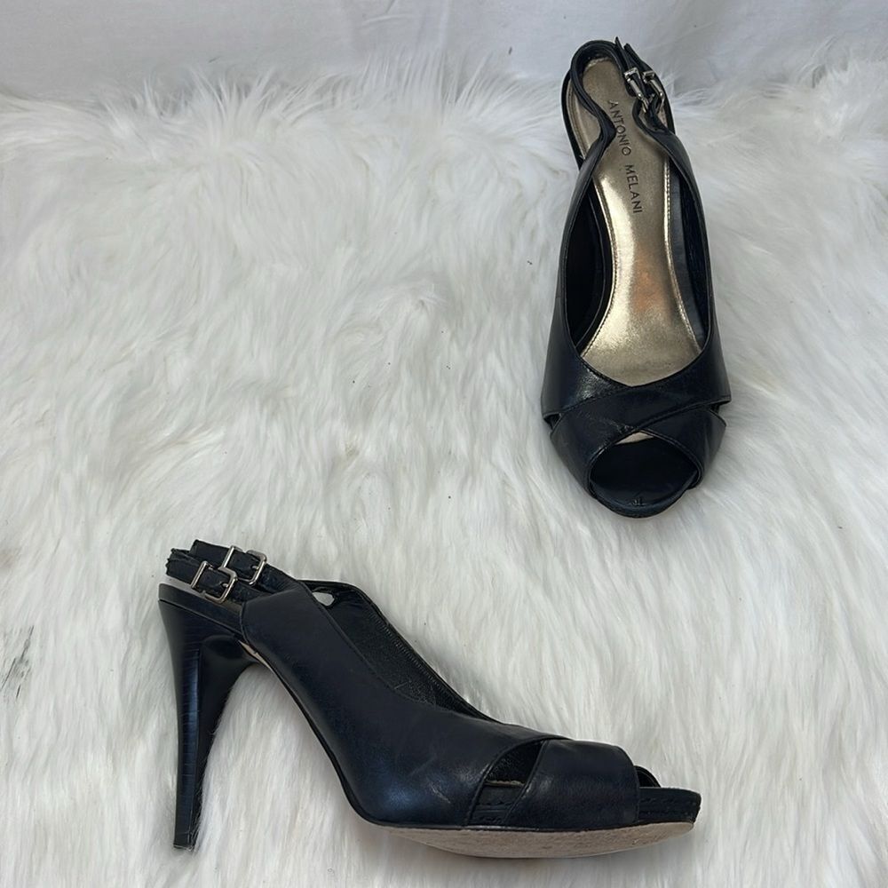 Antonio‎ Milani Black Leather Platform Slingback Peep Toe Heels Sz 8.5